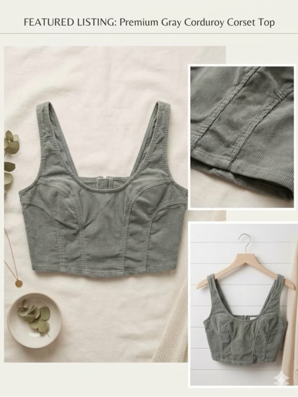 BDG Urban Outfitters Gray Corduroy Corset Bustier Crop Top Size Medium
